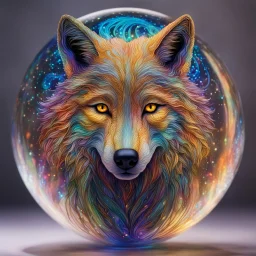 Image of a wolf made up of thousands of very thin glowing lines.Wolf is looking straight at the camera , Symmetrical image, Background is a colorful flowy swirls, golden lines, 3D, alcohol ink effects, sprinkle glitter, pearls, beads. Placed in a glass ball..