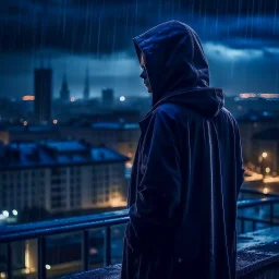 girl in a raincoat, watching the empty city, at midnight, dark grey colours, rainy, atmospheric, photo quality