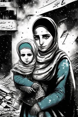 Palestinian woman , Carrying a small girl ,at winter , Destroyed Buildings , with a Explosions, at night