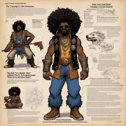 character concept sheet with AD&D statistics and characteristics, [illustration by Kevin Eastman and Peter Laird] the Obeah Man wizard , "damn, he fly" he pimps to the beat, in his new lafreak yeah, animal print pants outta control it's redfoo with the big afro