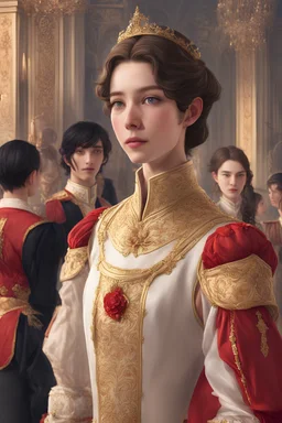 A 17-year-old servant girl with a lean frame, golden skin, brown hair, and brown hair, who was wearing a red uniform, surprised when she faced a 19 or 20-year-old prince in the distance with very glossy black hair, and very pale skin, then he was waving at her in a palace ball filled with people.
