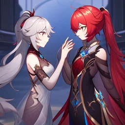 High quality, Detailed, 1girls, looking at eachother very angrily, wearing a genshin inspired outfit, the outfit has some holes, the outfit also has a very see through fabric, grey hair with on ponytail, red hair