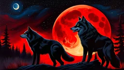 A lone wolf, silhouetted against a blood-red moon, howls at the starry sky, its fur bristling and its eyes reflecting the celestial fire. Capture the raw power and primal beauty of this moment in a classic oil painting style.” (Nature, evocative)