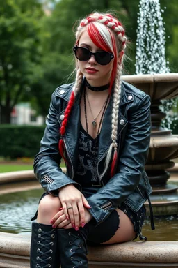 Gothic style rebel woman teenager, pretty and arrogant, red hair and black shiny round sunglasses, leather jacket, edgy bohemian outfit, combat boots, captivating grey eyes, white hair styled in intricate braids, playful and mischievous demeanor - depicted sitting at the edge of a fountain in a city green park, vibrant punk street fashionista, high realistic