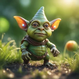 electric mummy pimple snail gremlin t-pose upper body of gnome goblin orc made from tinted murano glass in long grass inspecting a melon ,bokeh like f/0.8, tilt-shift lens 8k, high detail, smooth render, down-light, unreal engine,bokeh like f/0.8, tilt-shift lens 8k, high detail, smooth render, down-light, unreal engine