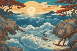 colourful digital painting of the odyssey quest with the mythos cyclops by homer, in the style of hokusai and van gogh