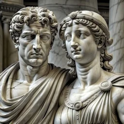 erstelle ein bild von einem römischen paar, portrait, als steinstatue, lebensecht, michelangelo stil