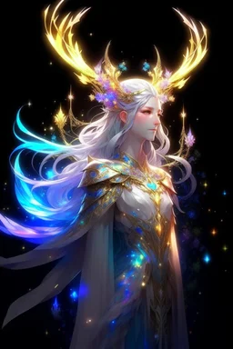 prismatic hair ethereal transparent prism Eladrin astral Male antlers druid beard sparkling radiance prismatic shining starlight enshrouded