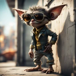 cool gremlin leaning against a wall, wearing flip down sun glasses, in the style of a fallout 4,bokeh like f/0.8, tilt-shift lens 8k, high detail, smooth render, down-light, unreal engine, prize winning