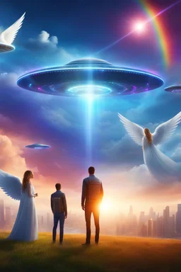 ufo rainbow, cité très futuriste ultra moderne, ufos fleet, intergalactic,angels
