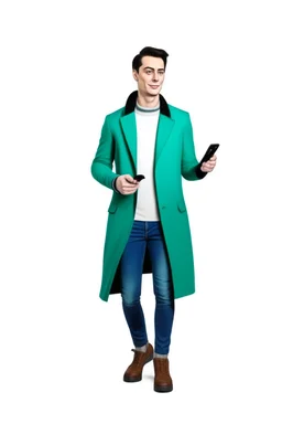 Modern guy, 20s, "holding ipad in left hand", looks like a "renaissance painting look", walking forward, full body, "persian green coat", blue pants, "right hand in to the ground". "Front facing" "forward view" white background