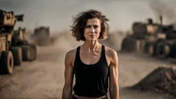 beautiful slender caucasian female technician, black tank top, dirty face, gritted teeth, well toned muscles, weathered face, scratched sand camo metal details, short brunette wavy bob haircut, dystopian, desert scene with smoke and explosions,