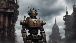 mandatory, cgmech, a ((Medium Close Up of humanoid robot)), ((look away from the camera)), Steampunk City Pilaster,Overcast Sky as background, atmosphere of horror and nightmare