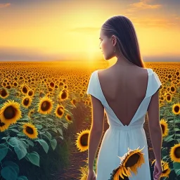 woman, back view, long brown dress, blond hair, sunflower field, sunset