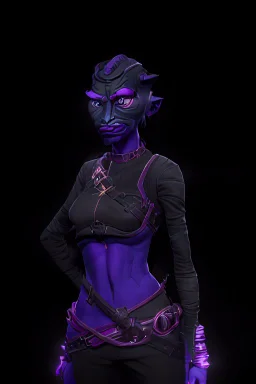 a black and purple, female argonian artificer who uses Tesla coils as weapons, skinny, lightly armored