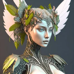 3D render ultra detailed of a beautiful angel, from knee to head, biomechanical cyborg, analog, 35 mm lens, beautiful natural soft rim light, big leaves and stems, roots, fine foliage lace, colorful details, samourai, pearl earring, heavely tattoed, intricate details, mesh wire, mandelbrot fractal, facial muscles, cable wires, microchip, badass, hyper realistic, ultra detailed, octane render, volumetric lighting, 8k post-production, red and white, detailled metalic bones, semi human, by Glenn Br