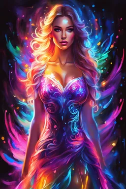 Beautiful woman with dress painting art neons glowing light in the dark and colorful details