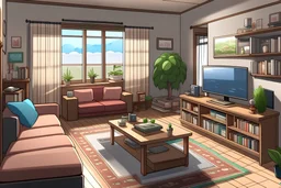 average suburban house living room in anime visual novel style