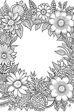 black and white beautiful thin frame made out of flowers for coloring pages, use a lot of big flowers in the thin frame, go all the way to the edges for the frame and leave a lot of space in the middle of the page, use only black and white, clear crisp outlines, no black background, go all the way to the outer edges of the page, use more space in the center of the page, make it rounder, use less shading, use more space in the center of the page, widen the frame, open up the frame