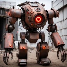 trash mech suit, human-sized, made of scrap metal, cockpit, light rust, round, one red glowing eye, loose wires, escape hatch