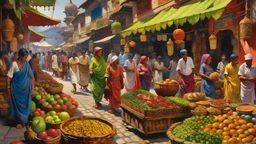 An oil painting capturing the vibrant colors and intricate patterns of an India street market, bustling with activity and filled with exotic fruits and spices. -