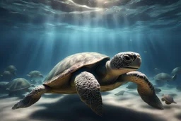 under water scene: 2/3 under water scene, turtle: eating plastic bag: small right side of the picture, hyperrealistic 16k, 3d rendering, expressively detailed, dynamic light, dystopian