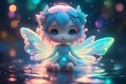 cute chibi holographic bioluminescent neon color water fairy, ethereal, cinematic postprocessing, bokeh, dof