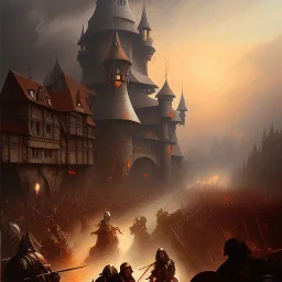 frank frazetta style, medieval town in battle, storm