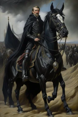 Oil painting of a very handsome king dressed in black in full on a black horse standing in the middle of a battlefield Photorealistic