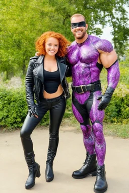 Debby Ryan, smiling, Heavy Metal t-shirt, Black Leather biker's jacket, Black leather pants, Platform boots, midday, bright sunlight, extremely colorful. Big, fluffy hair, Debby Ryan has Auburn Red hair, green eyes, She is standing next to ((THE PHANTOM, an extremely muscular man who wears a one-piece, formfitting purple body suit with tribal designs lightly woven into the fabric. He also wears a cowl, eye mask, black boots, black gloves, double holstered pistol belt