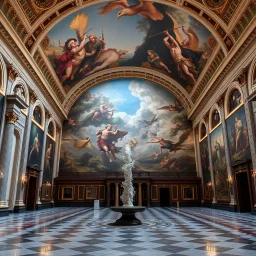 give a photo of a luxury musium hall with most famouse painthings of world