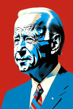 stylized stencil portrait of Joe biden in solid red, beige and (light and dark) blue