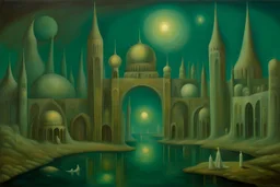 a surreal noctilucent city with arches, glittering domes and rivers by artist "Leonora Carrington",by artist "Agostino Arrivabene"