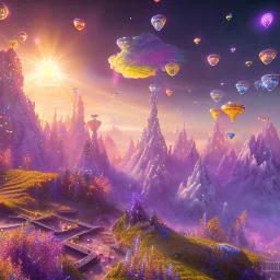 blue gold and violet landscape with multicolored crystals falling from the sky, full of details, smooth, bright sunshine，soft light atmosphere, light effect，vaporwave colorful, concept art, smooth, extremely sharp detail, finely tuned detail, ultra high definition, 8 k, unreal engine 5, ultra sharp focus