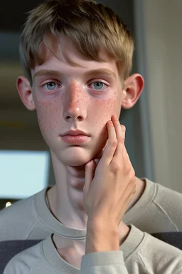 A boy that is Tall, thin, gangling, freckles, big hands and feet, and a long nose