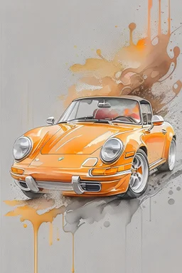 watercolor, zoom, soft, a detailed golden vintage cabriolet car, Porsche with white interior, graffiti elements, powerful zen composition, dripping technique, & the artist has used bright, clean elegant, with blunt brown border, 4k, detailed –n 9, ink flourishes, liquid fire, clean white background, zoom in, close-up,