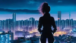 Clear Focus, High resolution, Beautiful girl standing backwards to a Cyberpunk skyline, comic style