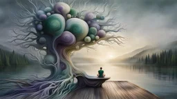 back to the camera on a beautiful amorph bench a figure sittings in pale gray t-shirt , beautiful blure landscape with deep green blure forests and overlooking the water of the nearby lake, calm, harmonious atmosphere, muted dark colors, purple, white, gray, green, blue, brown, silver, and pale colors, ,not too colorful colors, Whimsical style and giant stunning fade neuron network all over the sky, half shadow and half light picture, surreal stunning vibe