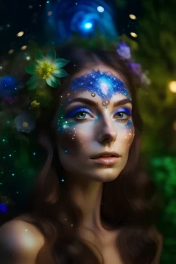 visage femme galactique lumineuse dans un jardin féérique