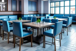 Dining tables in a restaurant. The table is square in shape and there are four single chairs on it. There are 10 tables in the restaurant, and the walls, floor and furniture are blue and gray.