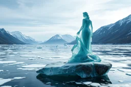 in a frozen sea with pretty mountains a full lady statue of transparrent ice