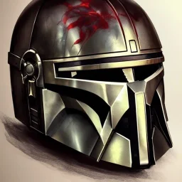 photorealistic the mandalorian helmet, illustration by <agnes cecile> <Yoji Shinkawa>, natural tones, ornate and intricate detail , soft smooth lighting, ruby and gold color