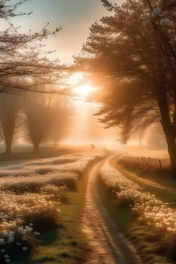 Mañana fría de invierno en el campo, con el sol asomándose, caminando por un camino lleno de árboles y flores de cereza