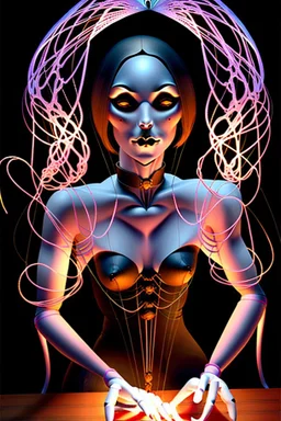 A dramatic digital mage of a woman seated on a table,facing to the front ,she is connected to string like a puppet, arms in air, moved by the strings, puppet like features in the face, beautiful face, behind her also facing the front is the puppet master,is a huge image of a man holding the strings, creepy gothic character,.zoomed in, dark and shadowy background with selective lighting on the woman, gothic and chaotic