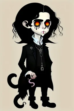 black haired black eyed young man necromancer goth hobbit with gothic jewelry and pet black rat in the style of Charles Addams