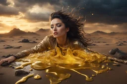 A hyper-realistic photo, beautiful woman lying on ground disintegrating into gold dripping ink and slime::1 ink dropping in water, molten lava, , 4 hyperrealism, intricate and ultra-realistic details, cinematic dramatic light, cinematic film,Otherworldly dramatic stormy sky and empty desert in the background 64K, hyperrealistic, vivid colors, , 4K ultra detail, , real photo, Realistic Elements, Captured In Infinite Ultra-High-Definition Image Quality And Rendering, Hyperrealism,