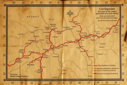 a scan of an ancient Cree Anishinaabe road map, hand drawn been stained and weathered, text is in Cree Syllabic