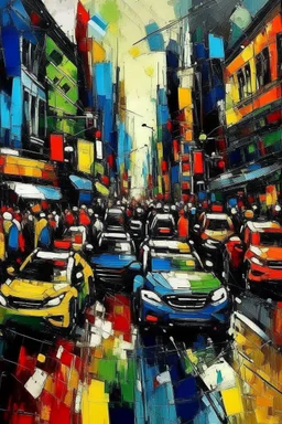 New York City street traffic Peoples Bussy in abstract expressionist painting in vivid colors, thick impasto brushstrokes, spontaneous drips and splatters, texture and movement, explore emotions and ideas through non-representational forms --v 5.2