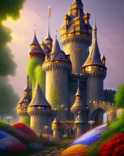 medieval fantasy castle town with flowers rpg art