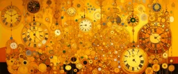 A golden yellow luminous carnival with clocks and hourglasses painted by Gustav Klimt